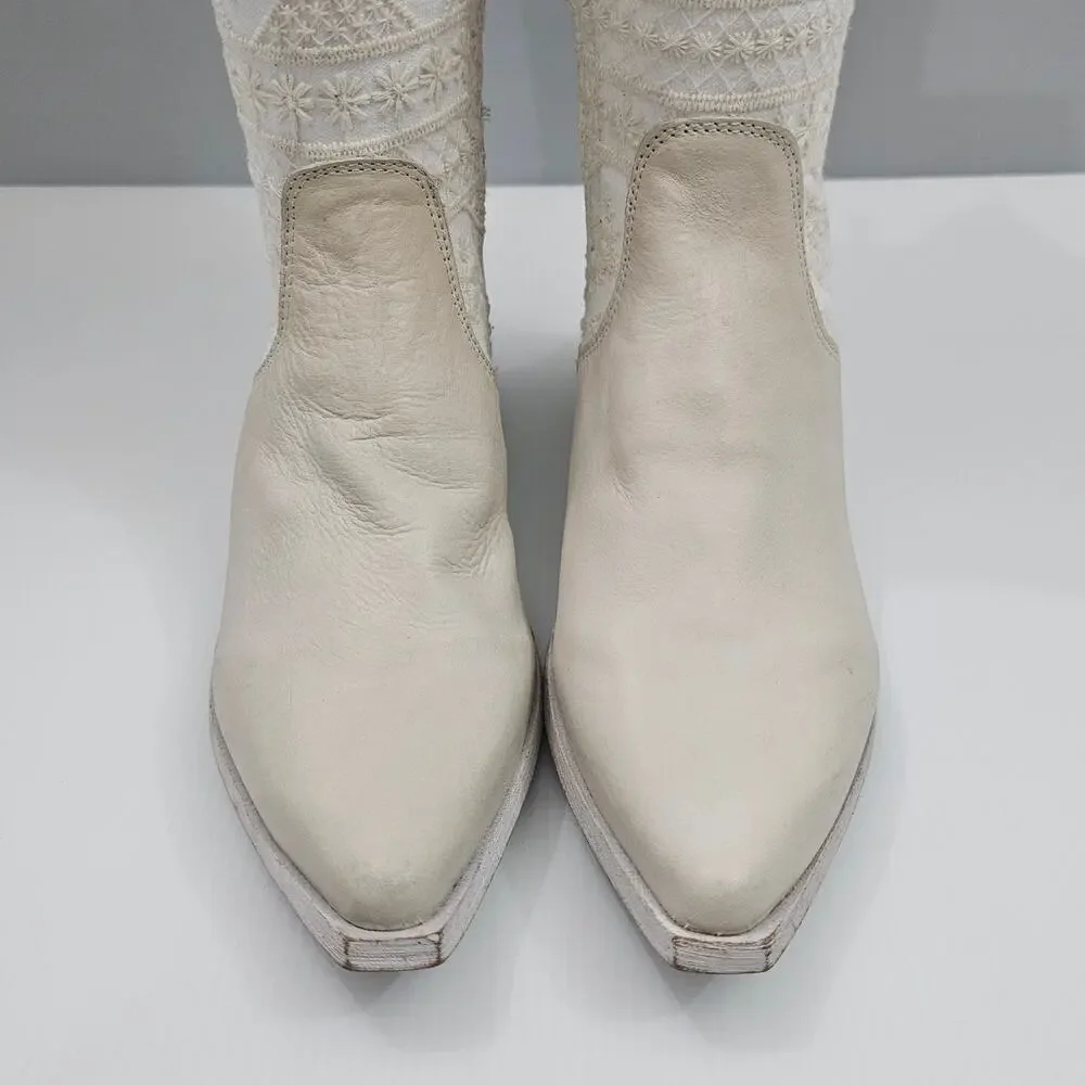 Free People Bren Knee High Boot Womens EU 37 Cream Embroidered Boho Slouchy NEW